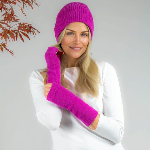 Fuchsia Pink Cashmere Beanie and Mittens Set