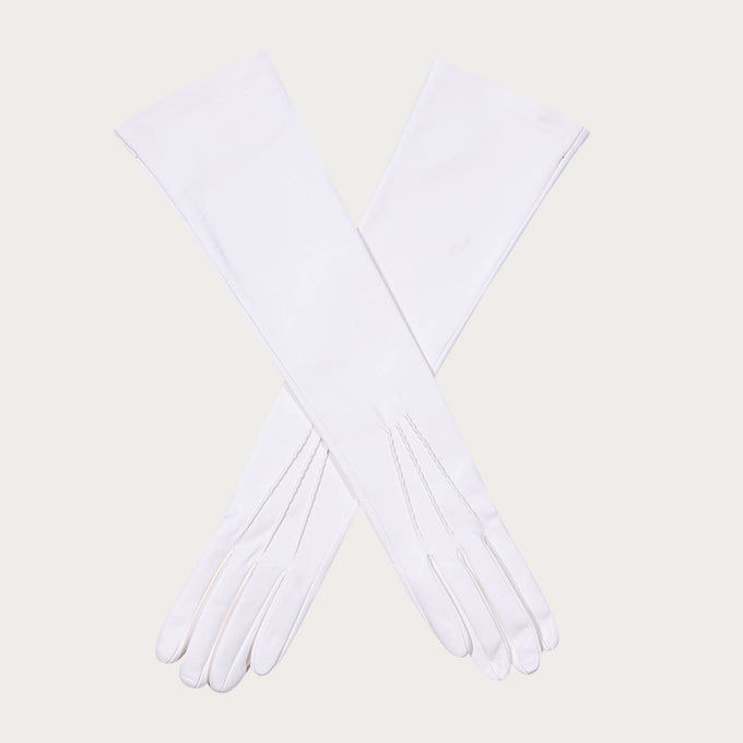 Long White Silk Lined Leather Gloves