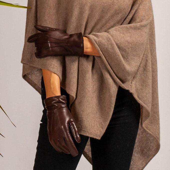 Ladies Brown Hand Stitched Cashmere Lined Leather Gloves