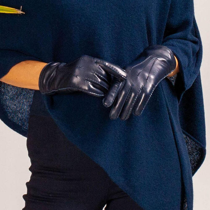 Ladies Navy Hand Stitched Cashmere Lined Leather Gloves