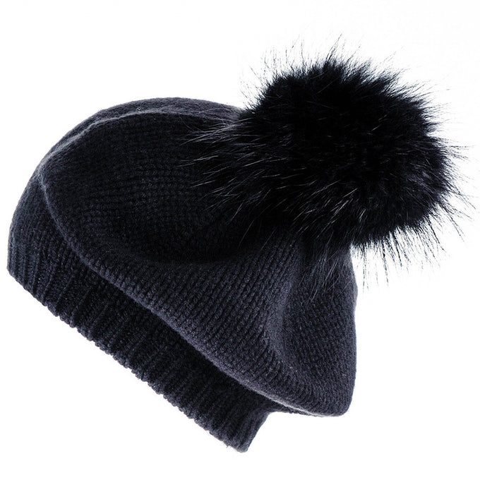 Black Cashmere Fur Pom Pom Beret