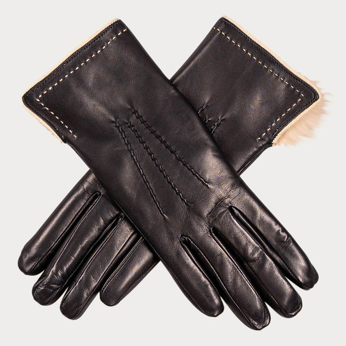 Black and Cappuccino Rabbit Fur Lined Leather Gloves