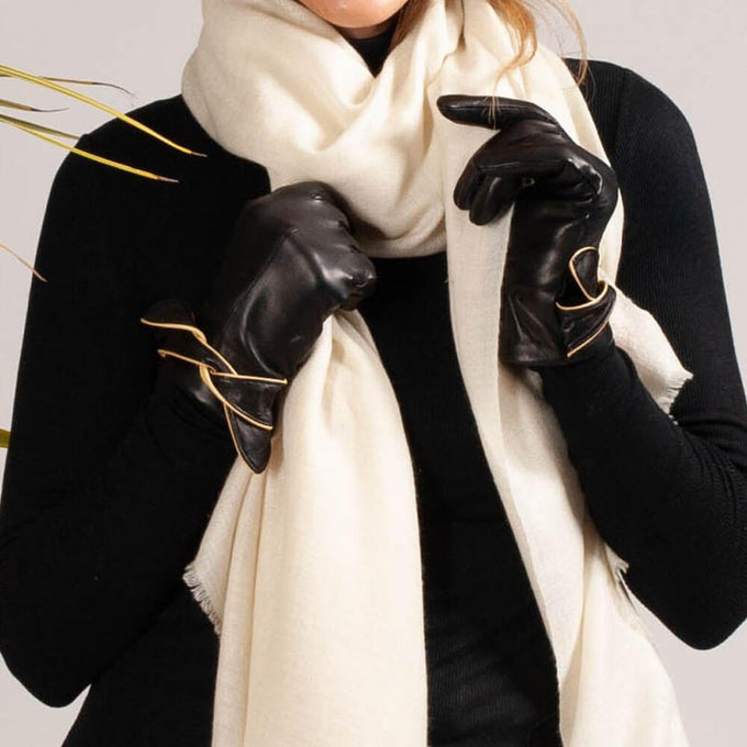 Ladies Black Bow Italian Leather Gloves - Cashmere Lined