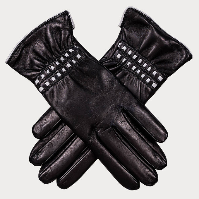 Black and White Italian Leather Gloves - Cashmere Lined