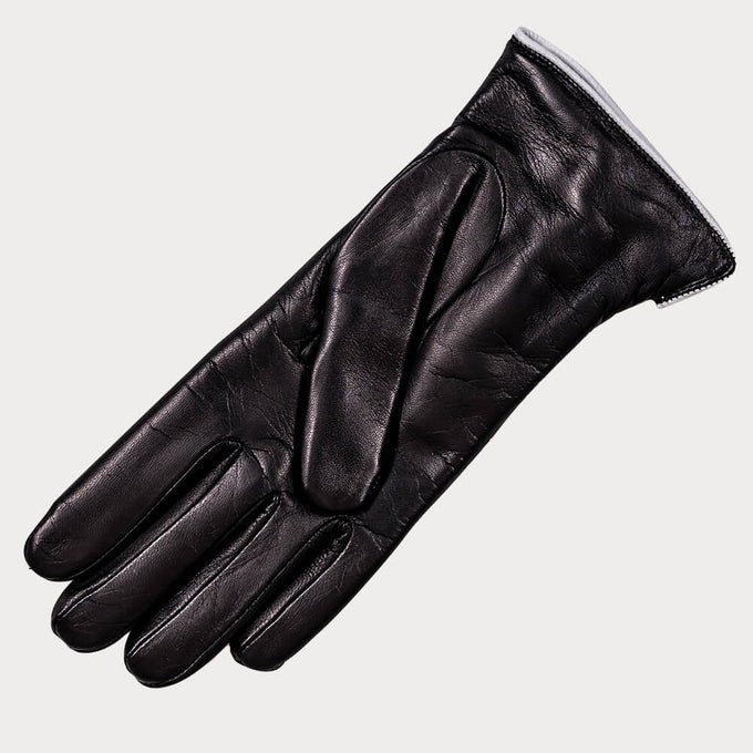 Black and White Italian Leather Gloves - Cashmere Lined