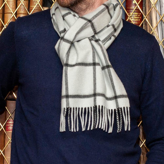 Duck Egg Blue Windowpane Check Cashmere Scarf