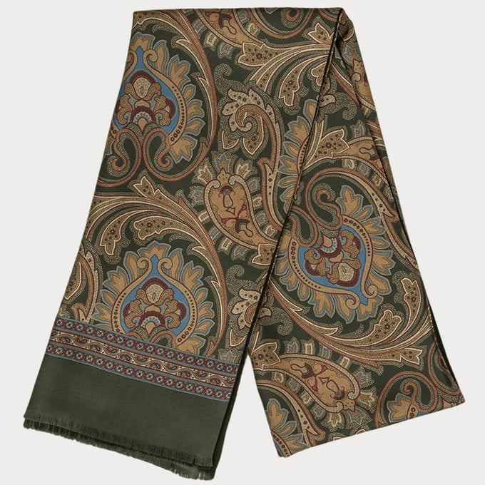 Sacra Olive Green and Gold Italian Silk Scarf