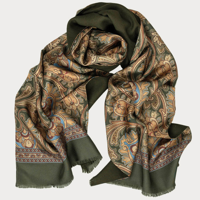 Sacra Olive Green and Gold Italian Silk Scarf