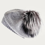 Silver Grey Cashmere Fur Pom Pom Beret