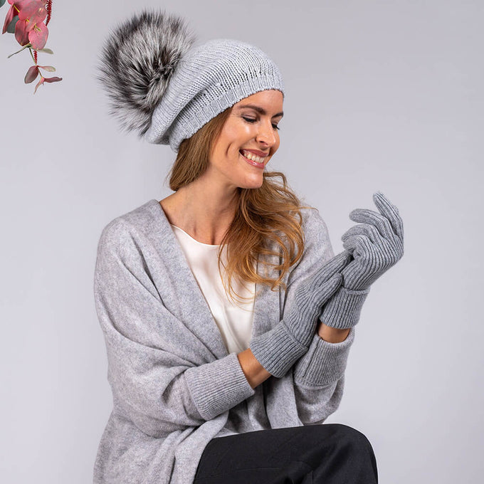 Silver Grey Cashmere Fur Pom Pom Beret