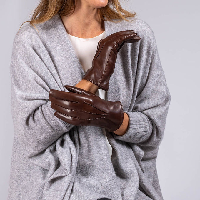 Ladies Brown Hand Stitched Cashmere Lined Leather Gloves