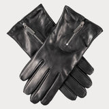 Black Leather Gloves with Zip Detail - Cashmere Lined