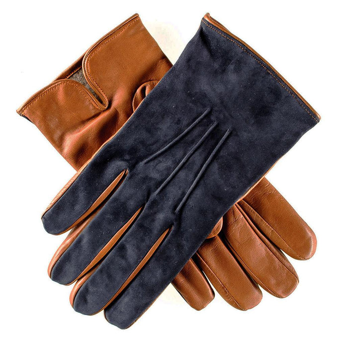 Men’s Navy Suede and Tan Leather Gloves-Cashmere Lined