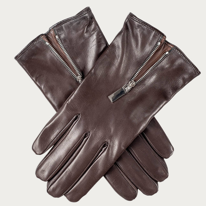 Dark Brown and Hazelnut Leather Gloves with Zip Detail - Cashmere Lined