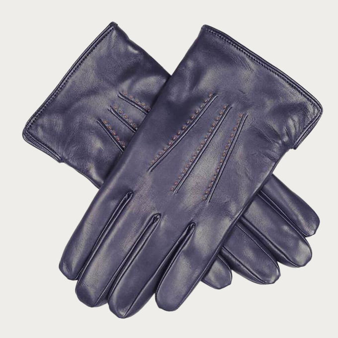 Navy and Tan Leather Gloves - Cashmere Lined