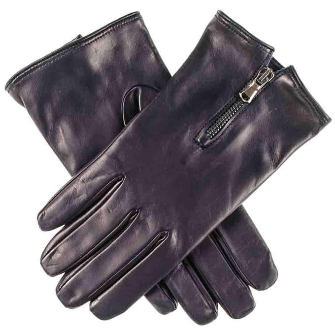 Navy Blue Leather Gloves with Zip Detail - Cashmere Lined