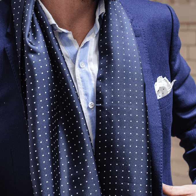 IMPERFECTLY YOURS: Navy Polka Dot Silk Scarf