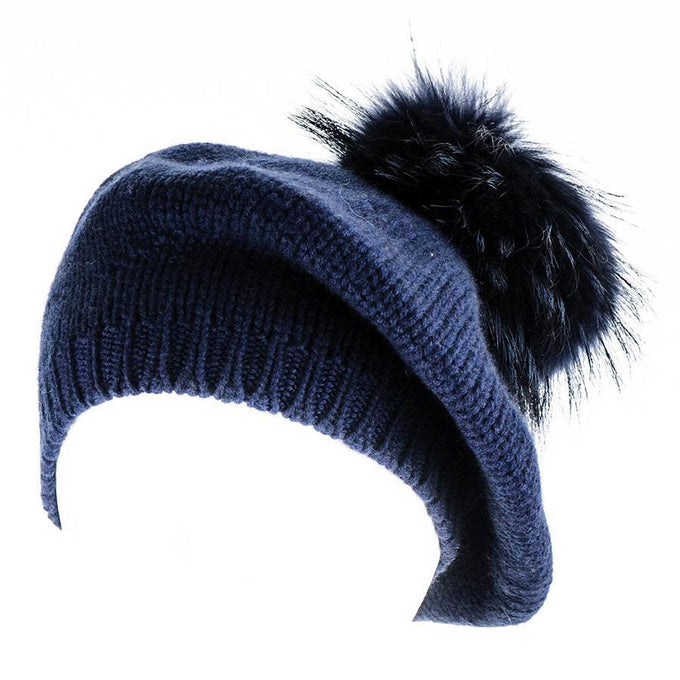 Navy Cashmere Fur Pom Pom Beret