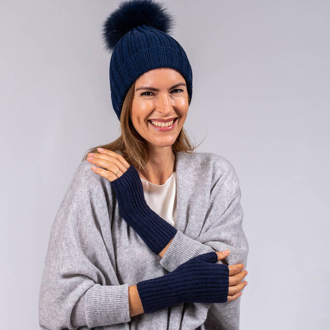 Navy Cashmere and Fur Pom Pom Hat