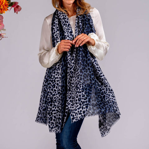 PRE ORDER: Navy Leopard Print Cashmere and Silk Scarf
