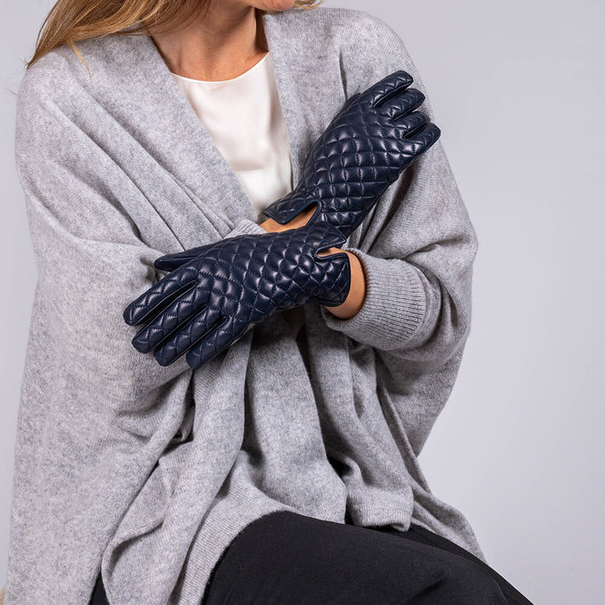 Navy Blue Quilted Cashmere Lined Leather Gloves