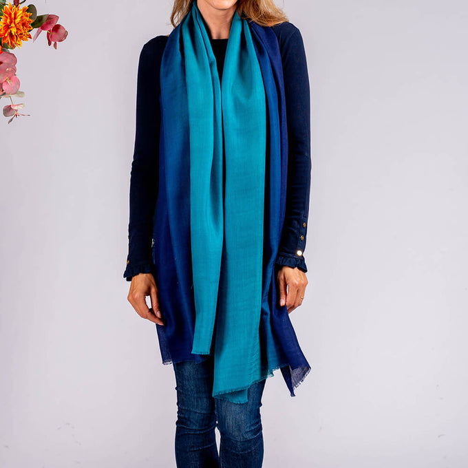 Navy to Teal Shaded Cashmere and silk Wrap