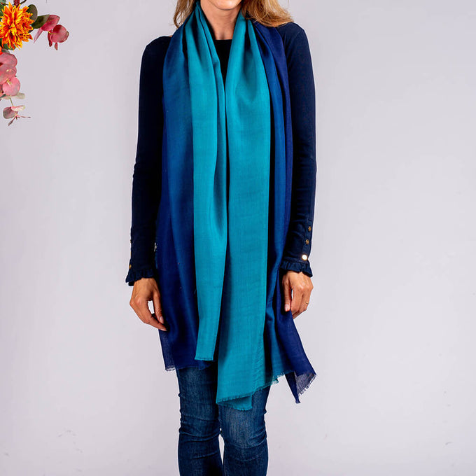 IMPERFECTLY YOURS: Navy to Teal Shaded Cashmere and silk Wrap