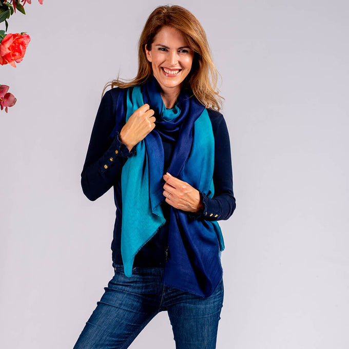 IMPERFECTLY YOURS: Navy to Teal Shaded Cashmere and silk Wrap