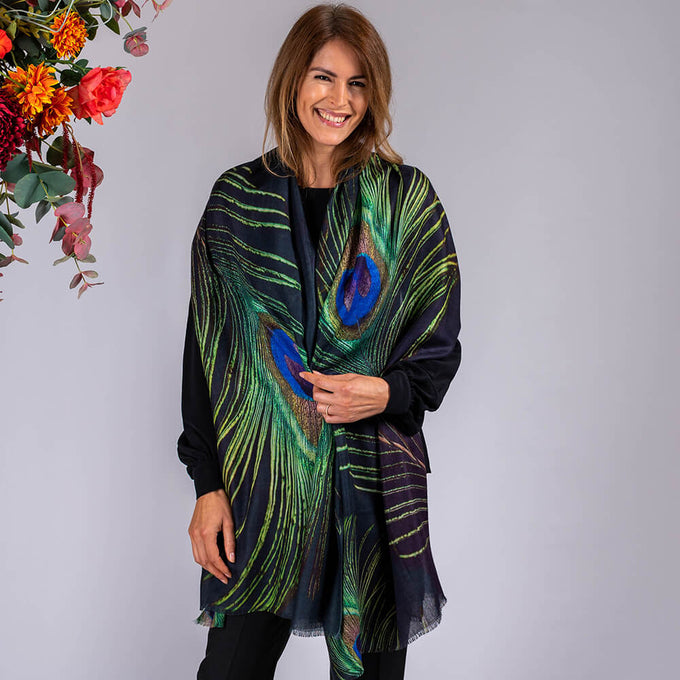 IMPERFECTLY YOURS: Peacock Print Superfine Wool Wrap