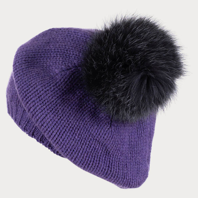 Purple Cashmere and Fur Pom Pom Beret