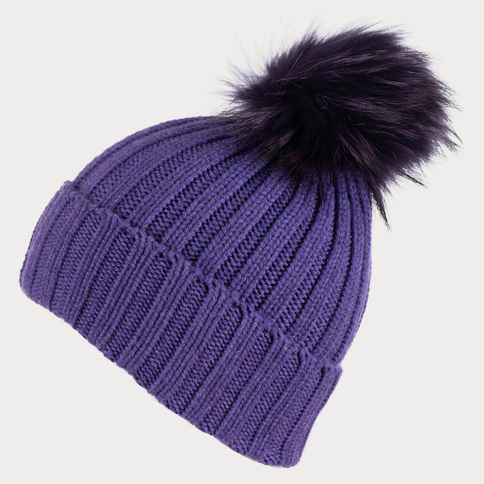 Purple Cashmere and Fur Pom Pom Beanie