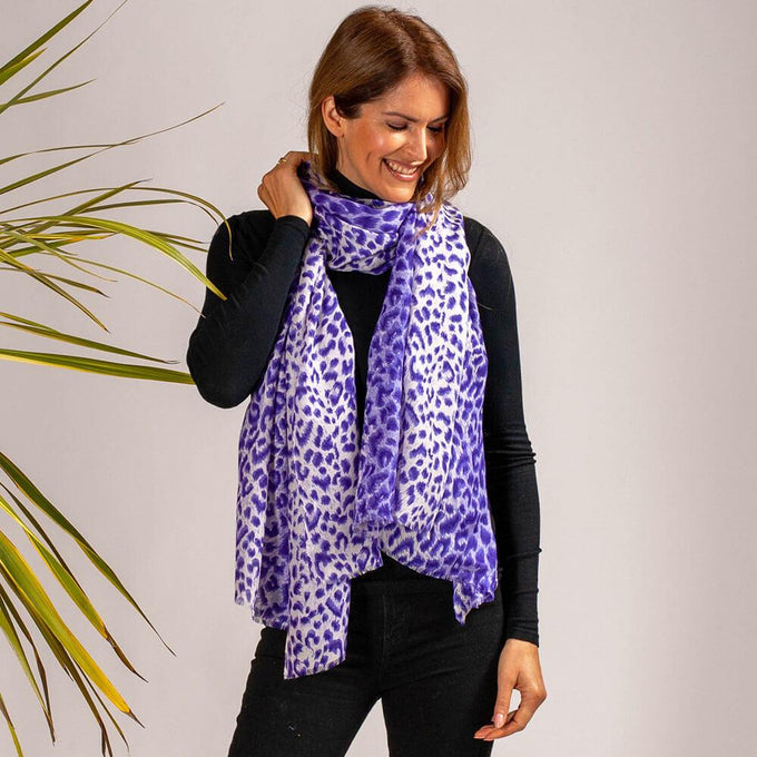 Violet Leopard Print Cashmere and Silk Scarf