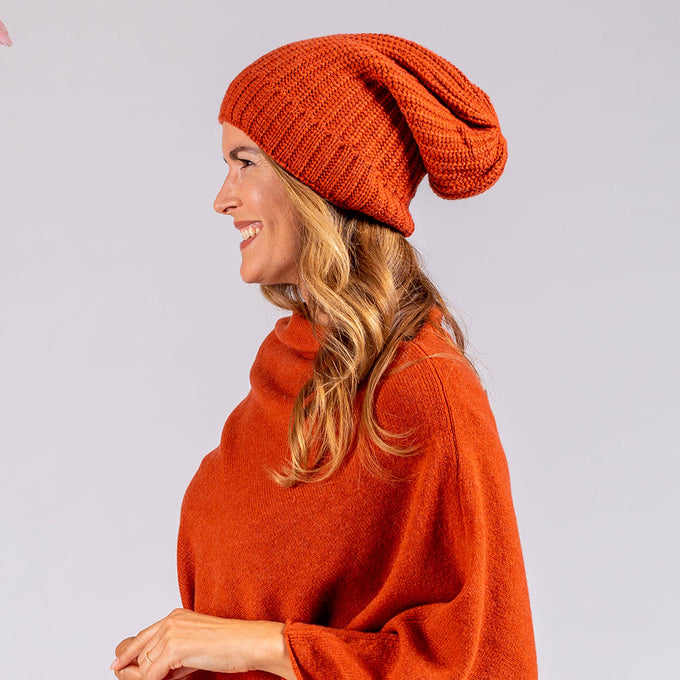 Rib Knit Rust Orange Cashmere Slouch Beanie