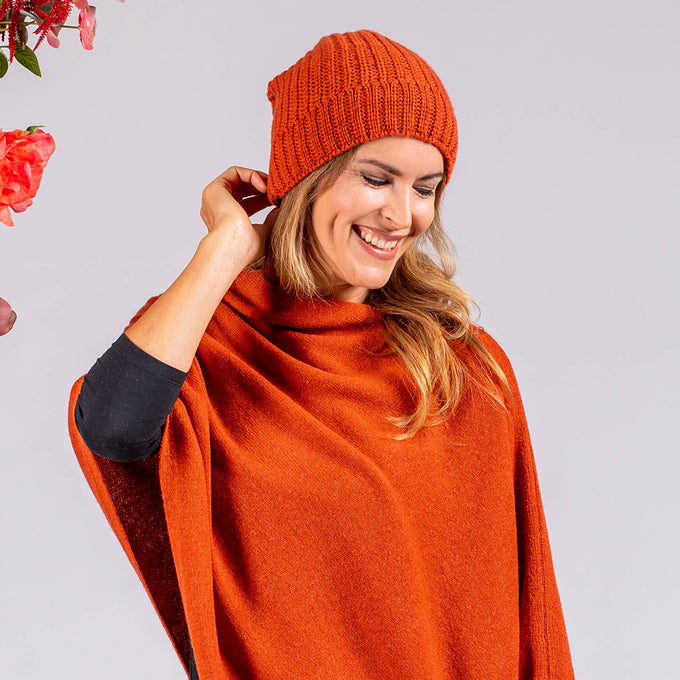 Rib Knit Rust Orange Cashmere Slouch Beanie