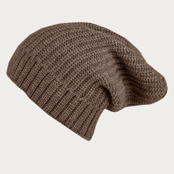 Ribbed Chocolate Brown Cashmere Slouch Beanie Hat