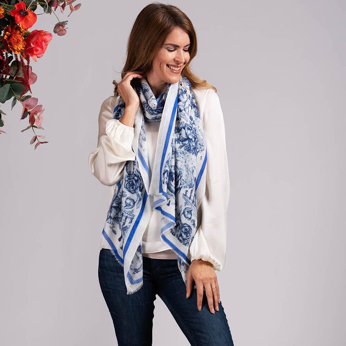 The Toile de Jouy Trilogy- Blue Toile Cashmere and Silk Wrap