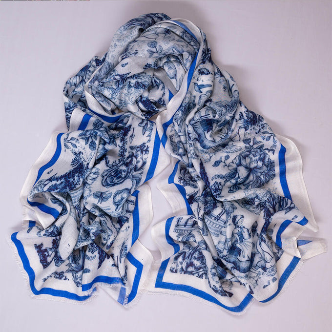 The Toile de Jouy Trilogy- Blue Toile Cashmere and Silk Wrap