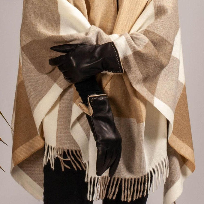 Black and Cappuccino Rabbit Fur Lined Leather Gloves