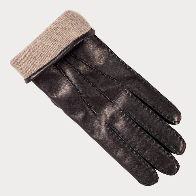 Ladies Black Hand Stitched Cashmere Lined Leather Gloves