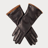 Ladies Black Italian Leather Gloves with Houndstooth Cuffs – Cashmere Lined