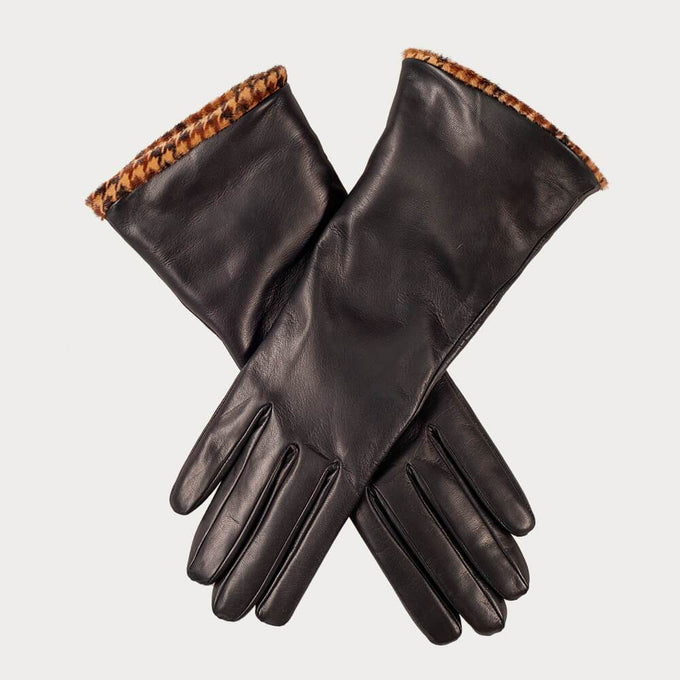 Ladies Black Italian Leather Gloves with Houndstooth Cuffs – Cashmere Lined