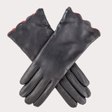 Ladies’ Scalloped Cuff Black Cashmere Lined Leather Gloves