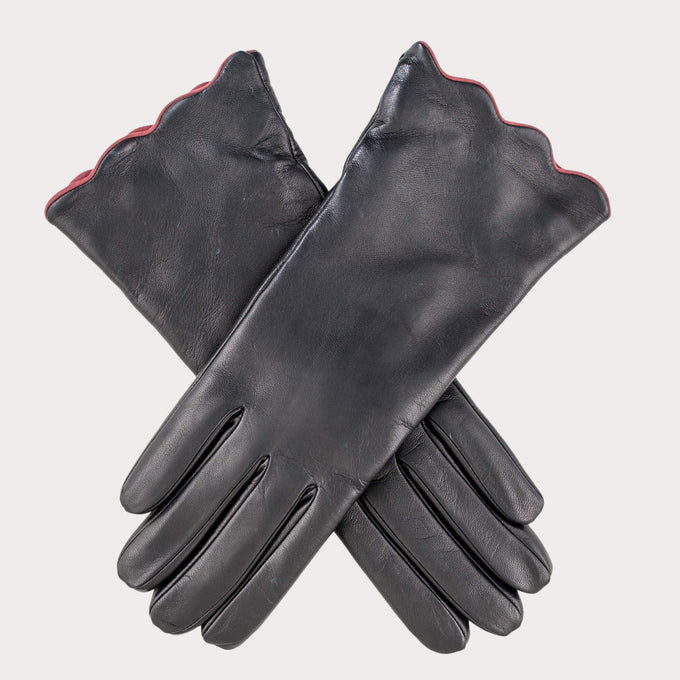 Ladies’ Scalloped Cuff Black Cashmere Lined Leather Gloves