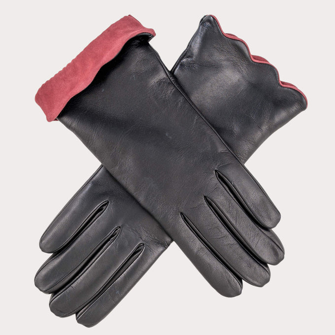 Ladies’ Scalloped Cuff Black Cashmere Lined Leather Gloves