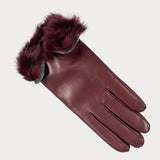 Burgundy and Grey Rabbit Fur Lined Leather Gloves