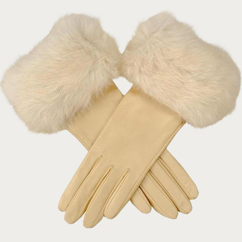 Cream Leather Gloves with Rabbit Fur Cuff