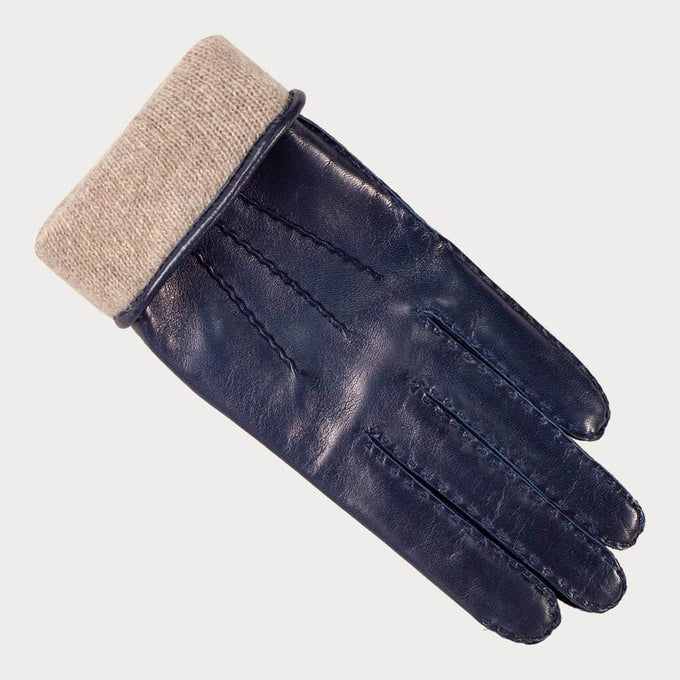 Ladies Navy Hand Stitched Cashmere Lined Leather Gloves