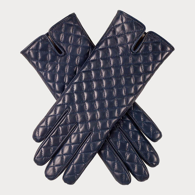 Navy Blue Quilted Cashmere Lined Leather Gloves