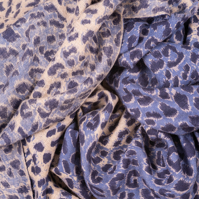 French Blue Leopard Print Pashmina Cashmere Shawl