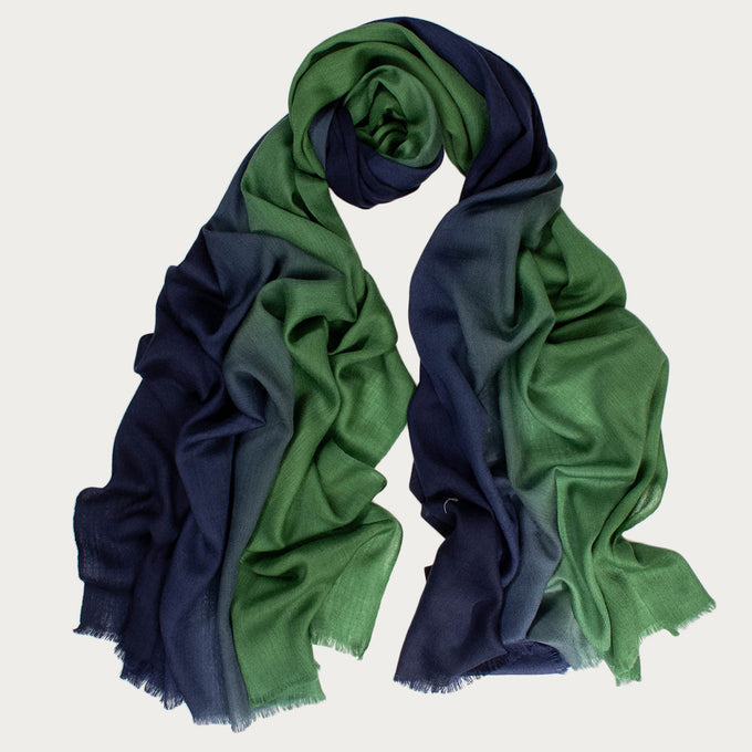 Classic Navy to Green Fine Wool and Silk Scarf